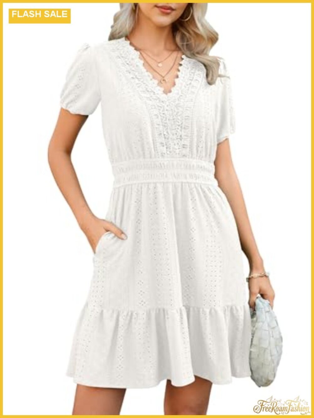 Women's Lace Eyelet V-Neck Ruffle A-Line Mini Dress with Pockets